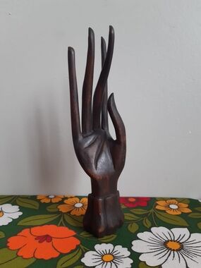 70s Wooden Hand Dark Brown Sculpture Decorative Accent
